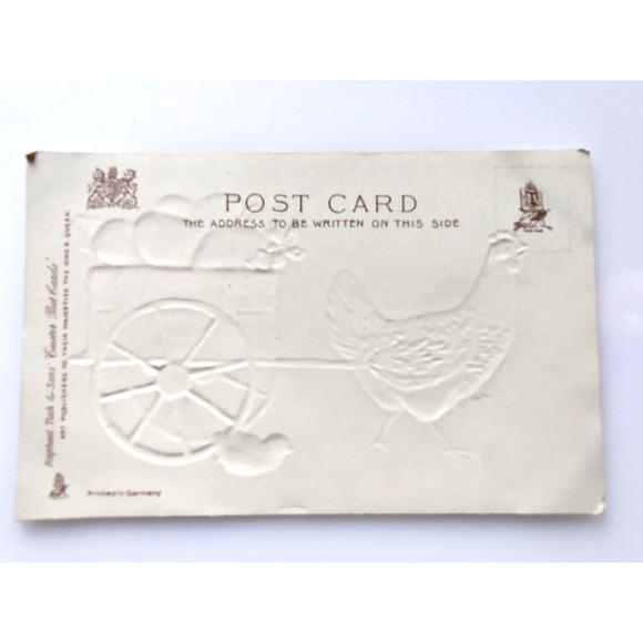 Easter Postcard Rooster With Painted Egg Cart Flowers Baby Chick Fantasy Tuck - Picture 2 of 2